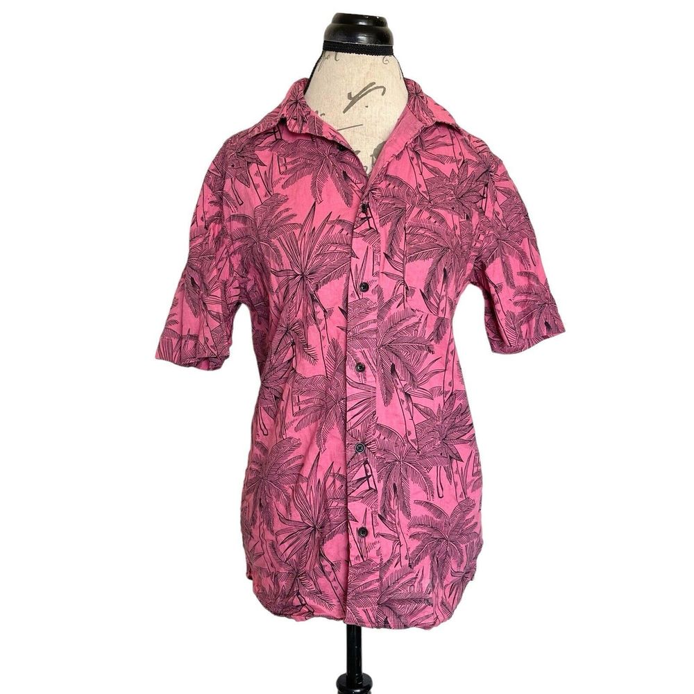 L.o.g.g. Womens Button down Shirt Size XS Pink Palms Print Hawaiian Tropical